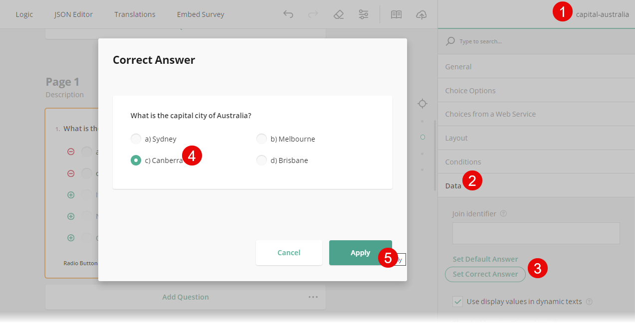 How to set correct answers in a quiz